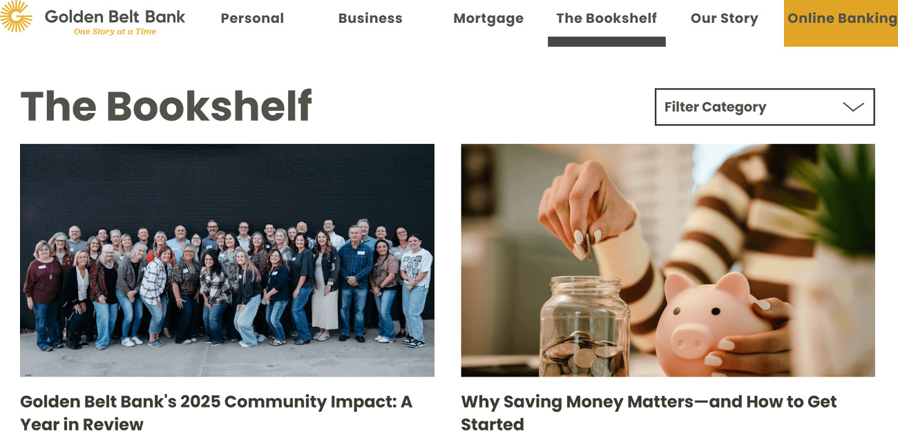 Screenshot Of Golden Belt Bank's Articles System Called "The Bookshelf." 